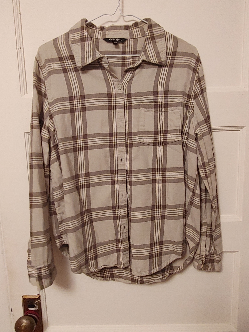 George Beige and Brown Plaid Men's Button-Down Shirt